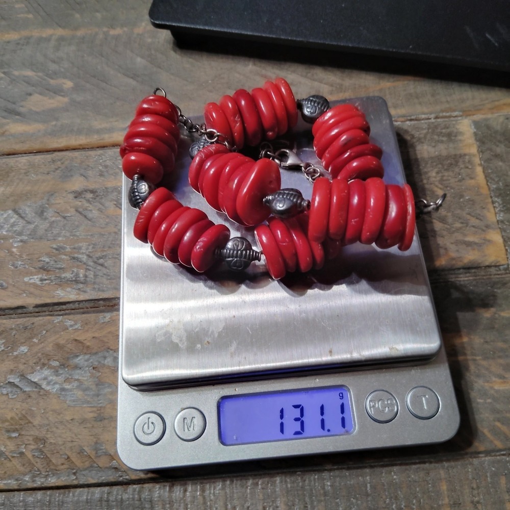 Heavy 131g Chunky Red Coral Disc Rondelle 925 Sterling Silver Statement Necklace